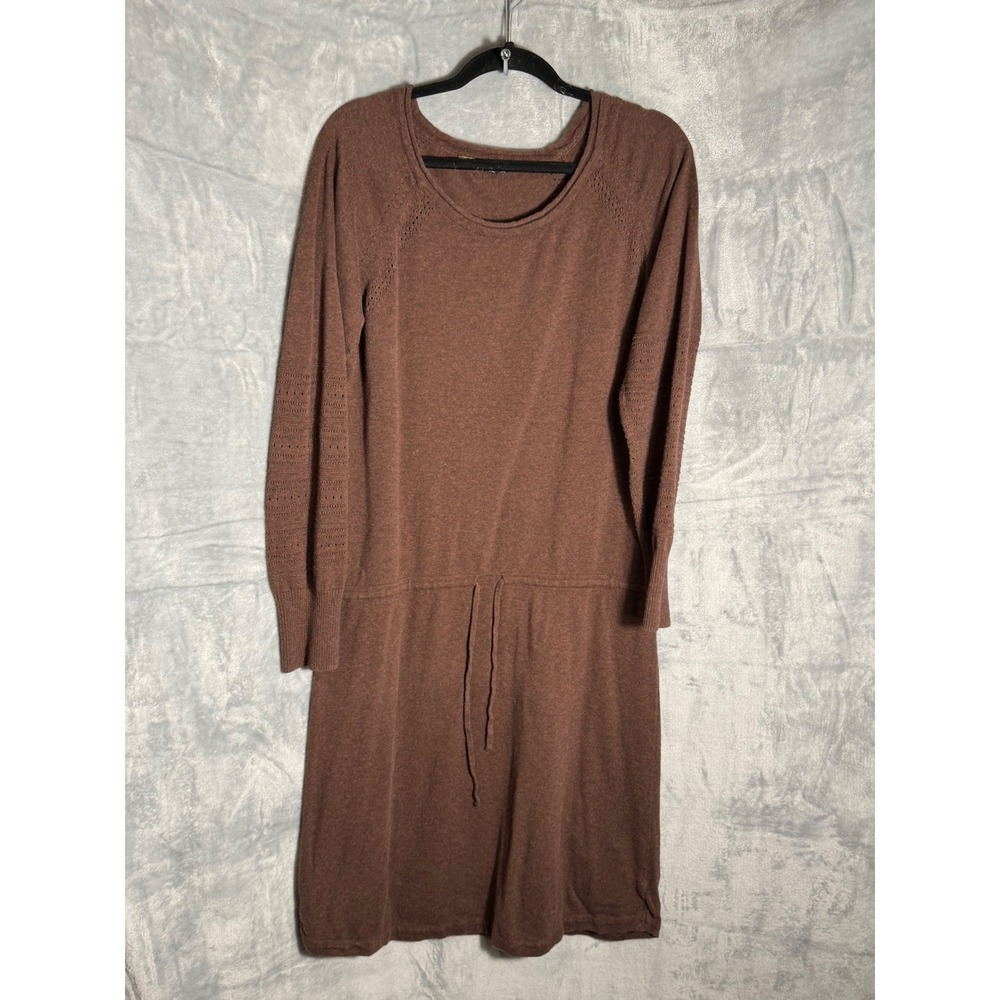 Prana Womens Brown Long Sleeve Drawstring Waist Knit Sweater Dress